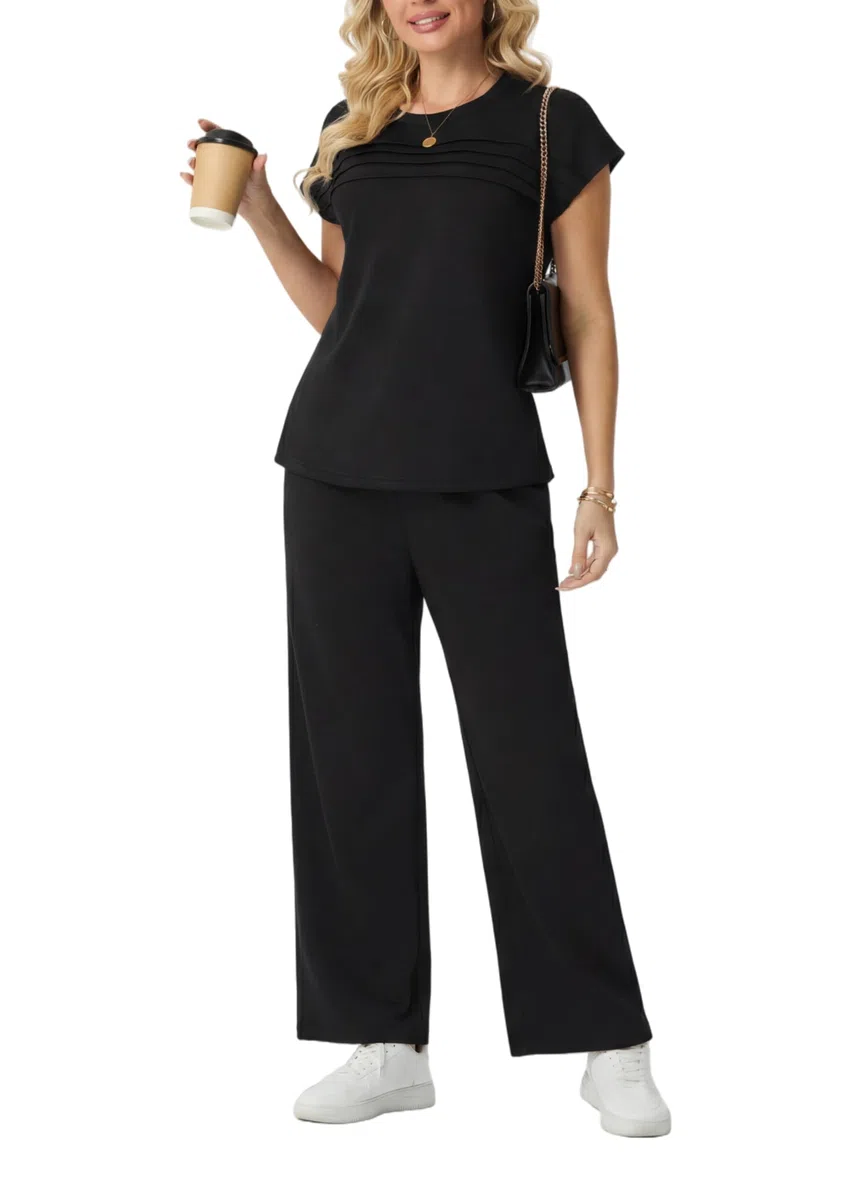 GRECERELLE Tuta da donna estiva da viaggio in due pezzi tuta da donna set completo a maniche corte casual girocollo manica ad aletta anteriore Plisse set abbinati pantaloni a gamba larga