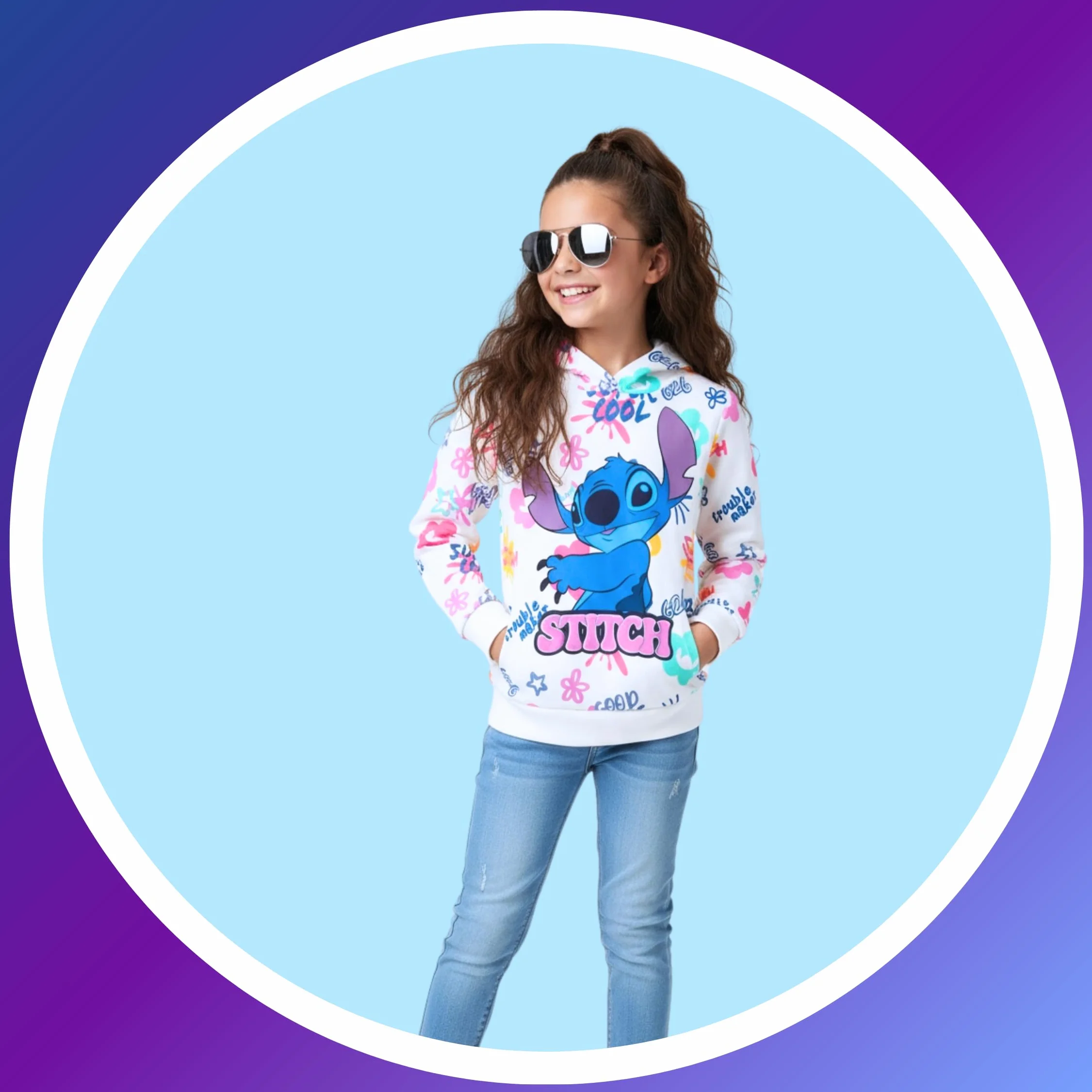 Disney Stitch Felpa per Ragazze, Maglione Motivo Stitch, Jersey Pullover con Cappuccio in Tessuto Morbido per Bambina, Taglie 3 a 8 Anni