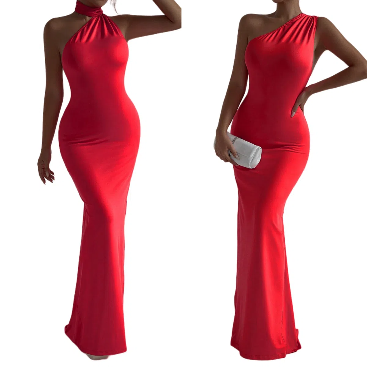 Abito lungo da donna, sexy, monospalla con schiena scoperta, elegante, increspato, senza maniche, abito da sera, abito da cocktail