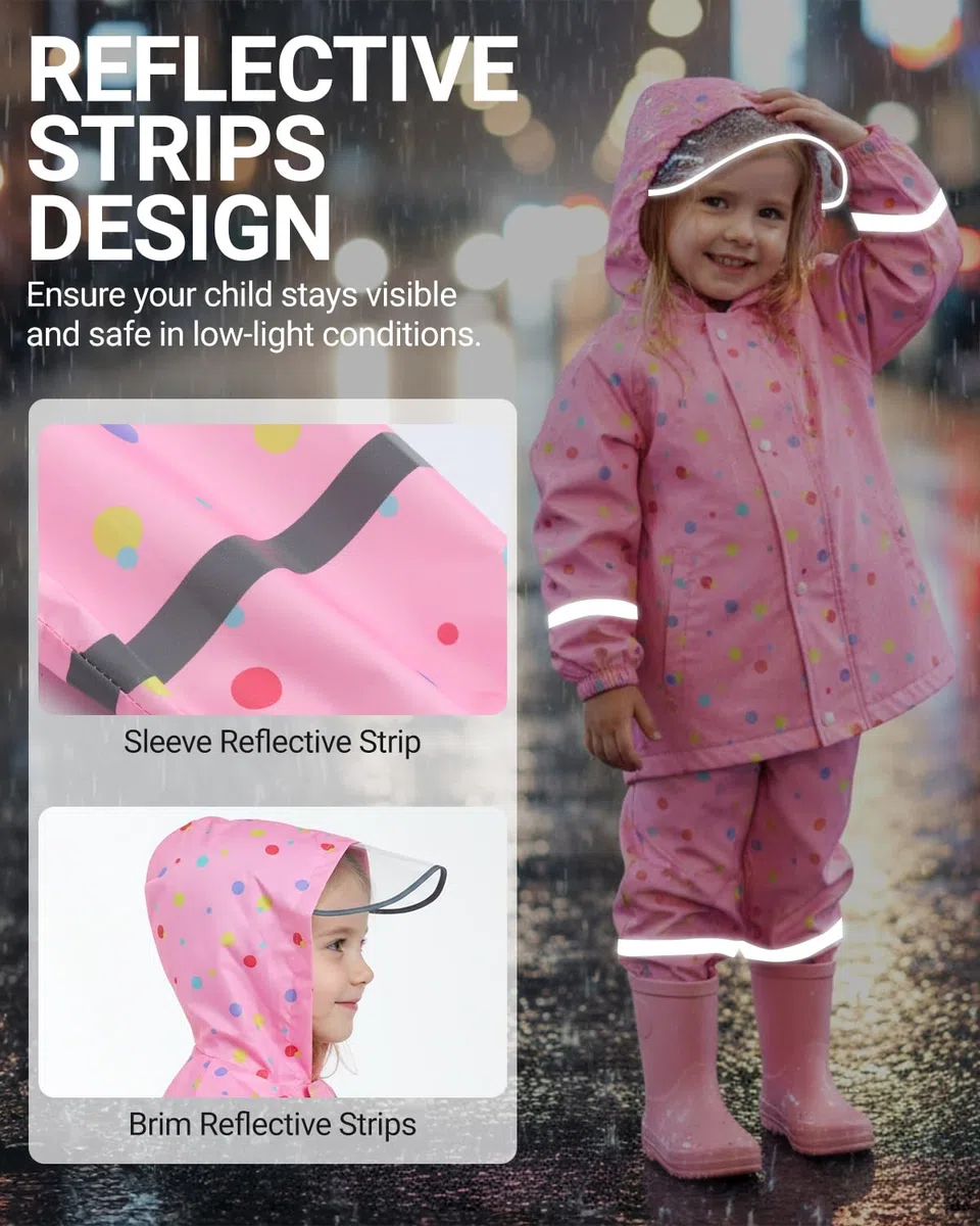 JiAmy Tuta Impermeabile Bambino e Bambina (2 Pezzi), Set Pioggia con Giacca e Pantaloni, Impermeabile Bambino con Cappuccio Trasparente & Bande Riflettenti per Scuola e Asilo (1-8 Anni)