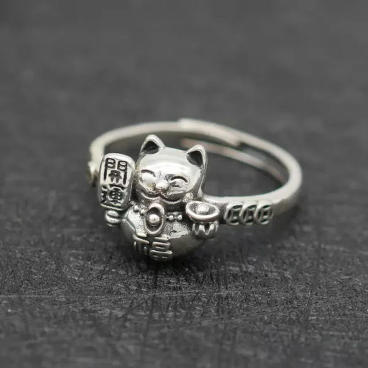 1PC Anello Regolabile Maneki-Neko con Gatto della Fortuna in Argento Antico-8