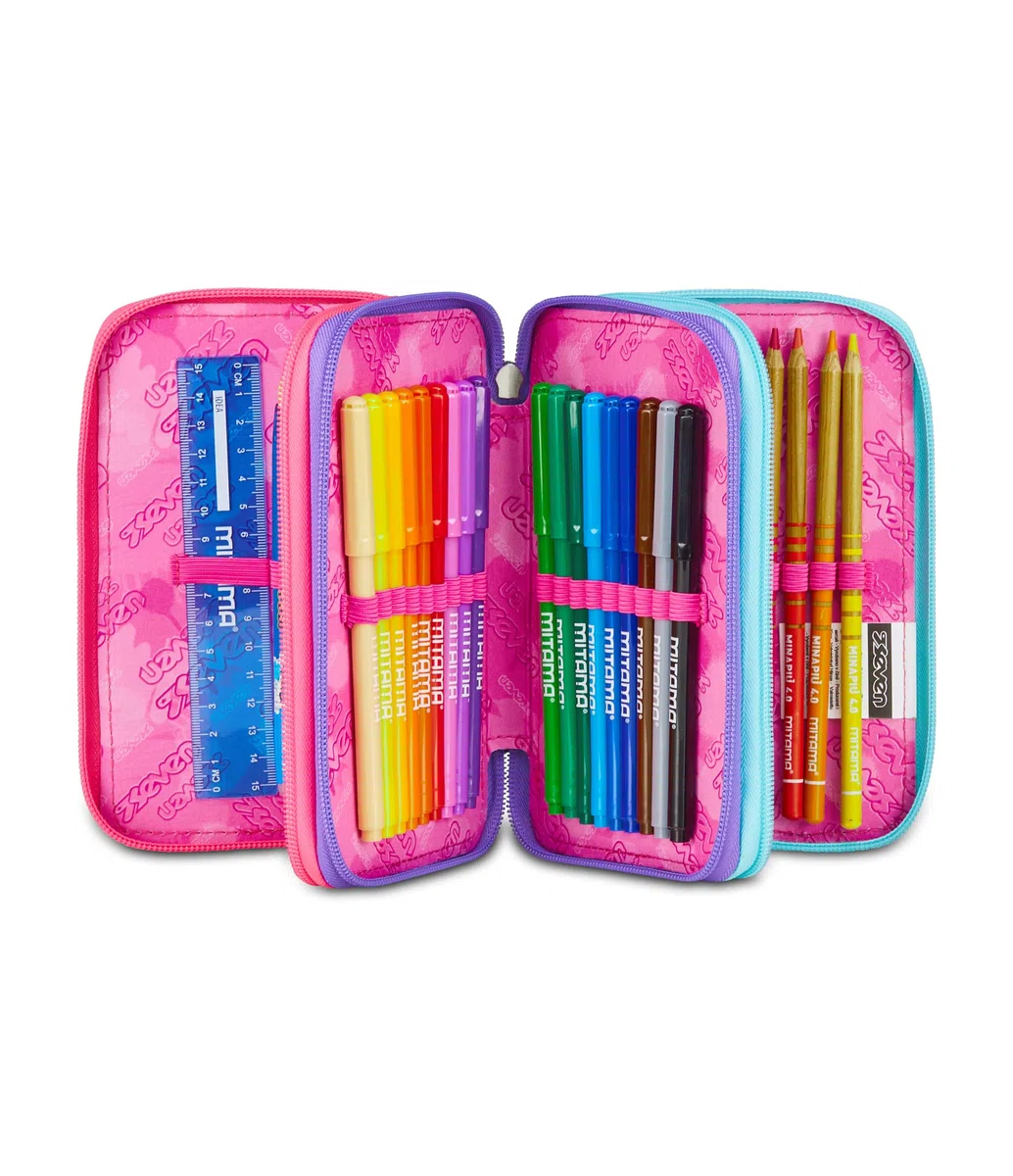 Seven Astuccio Scuola Elementare, 3 scomparti, Medie, con Matite, Pennarelli, Penne, 3 Zip, Universe Spots, Bambina e Ragazza, viola/nero
