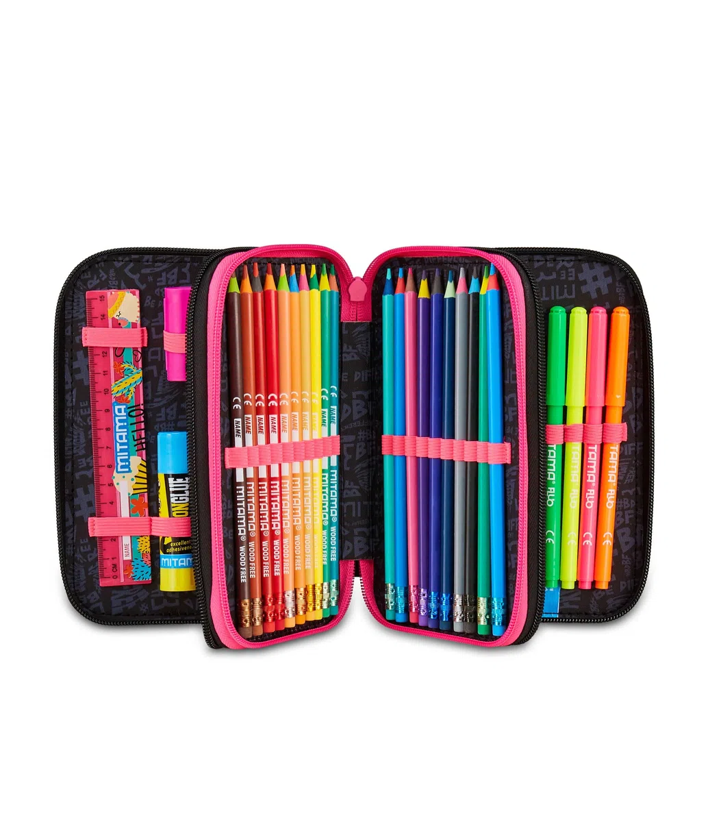 Mitama Astuccio Scuola 3 Scomparti, SUPER TRIPLO MUSIC POP, Contenuto 47 pz, Completo di Matite, Pennarelli, Portapenne Scuola Elementare Bambina