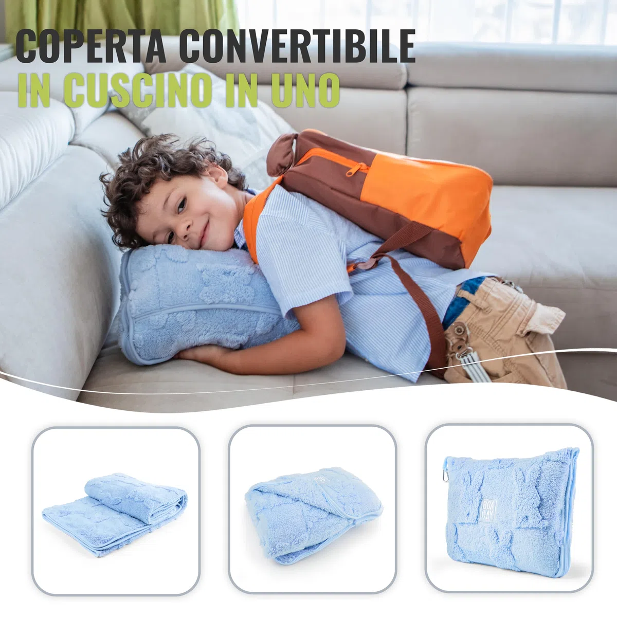 BOACAY Coperta da Viaggio per Bambini per Aereo, Auto - Coperta Plaid Morbida per Bambini per All'asilo - Cuscino per Ragazze, Ragazzi con Clip per Zaino, Manica per Bagagli