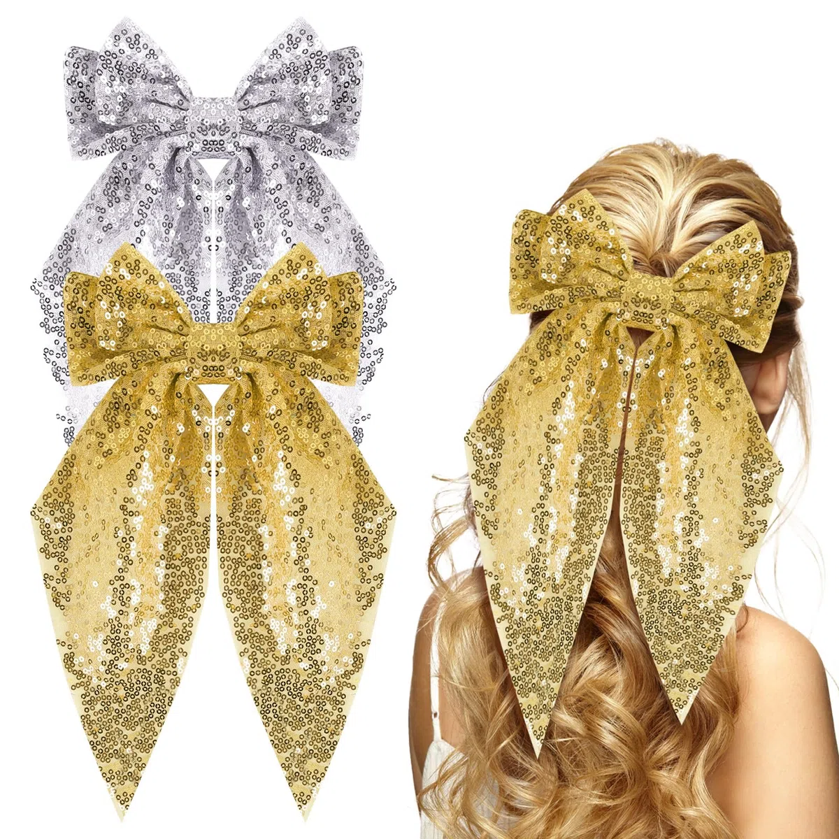 Kunyeah 2Pcs Ragazze Glitter Arco Capelli Fermaglio Delle Donne Grande Fiocco Cerchietto Glitter Fermagli Per Capelli Vintage Francese Forcina Lungo Pizzo Accessori Per Capelli (Oro/Argento)