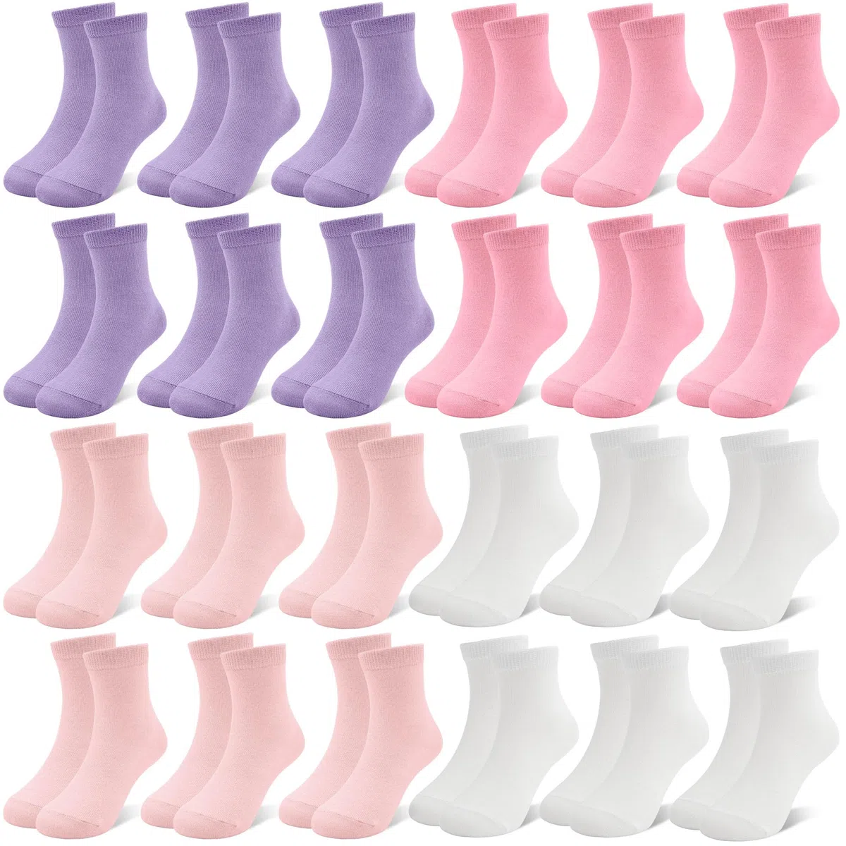 ZERULETS 24 paia di calzini per bambini e bambine, calzini da ginnastica per bambini, calzini sportivi da bambina, colore bianco, rosa, viola, giallo, per 1-13 anni