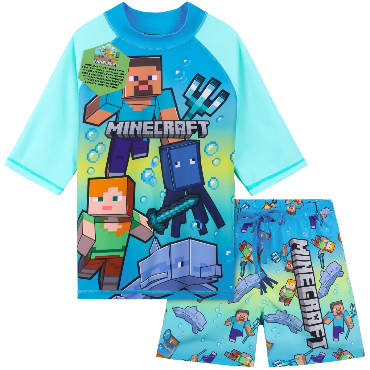 Get Trend Minecraft | Pokemon Swimsuit Set for Boys Teenagers 2 Pcs with Swimming Trunks Boys Rash Vest for Swimming Beach Trip Holiday Essentials