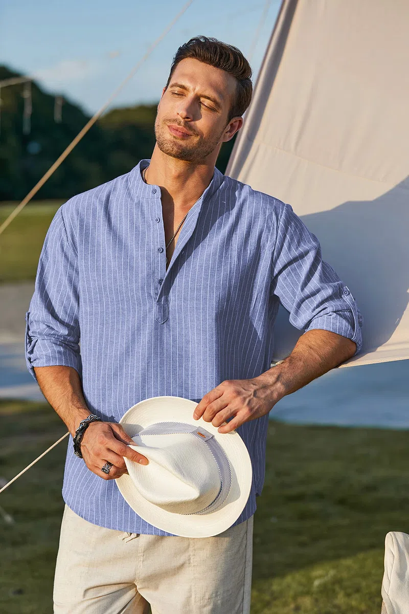 COOFANDY Camicia Henley a Maniche Lunghe da Uomo Camicia in Lino Camicia Estiva Casual vestibilità Regolare in Cotone