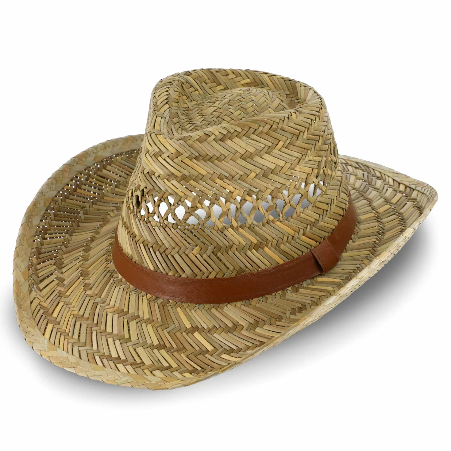 fiebig Cappello di Paglia Australiano per Donna e Uomo | Cappello da Cowboy in Paglia | Cappello Occidentale con Fascia in Finta Pelle | Cappello da Sole per la Primavera e L'Estate