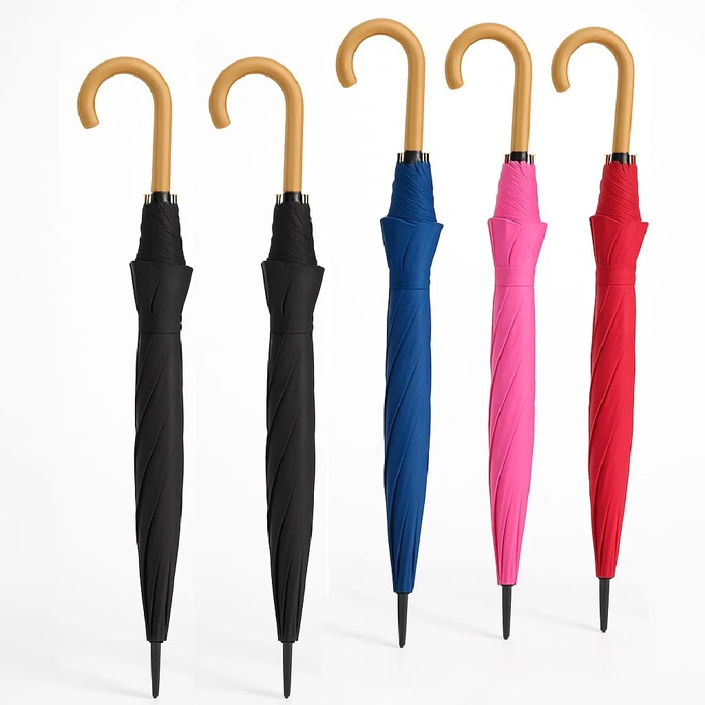 DANYX Kit 5 Ombrelli Automatici Uomo Donna – 8 Stecche Rinforzate, Manico Curvo Effetto Legno, Colori Misti Tinta Unita, Apertura 110 cm