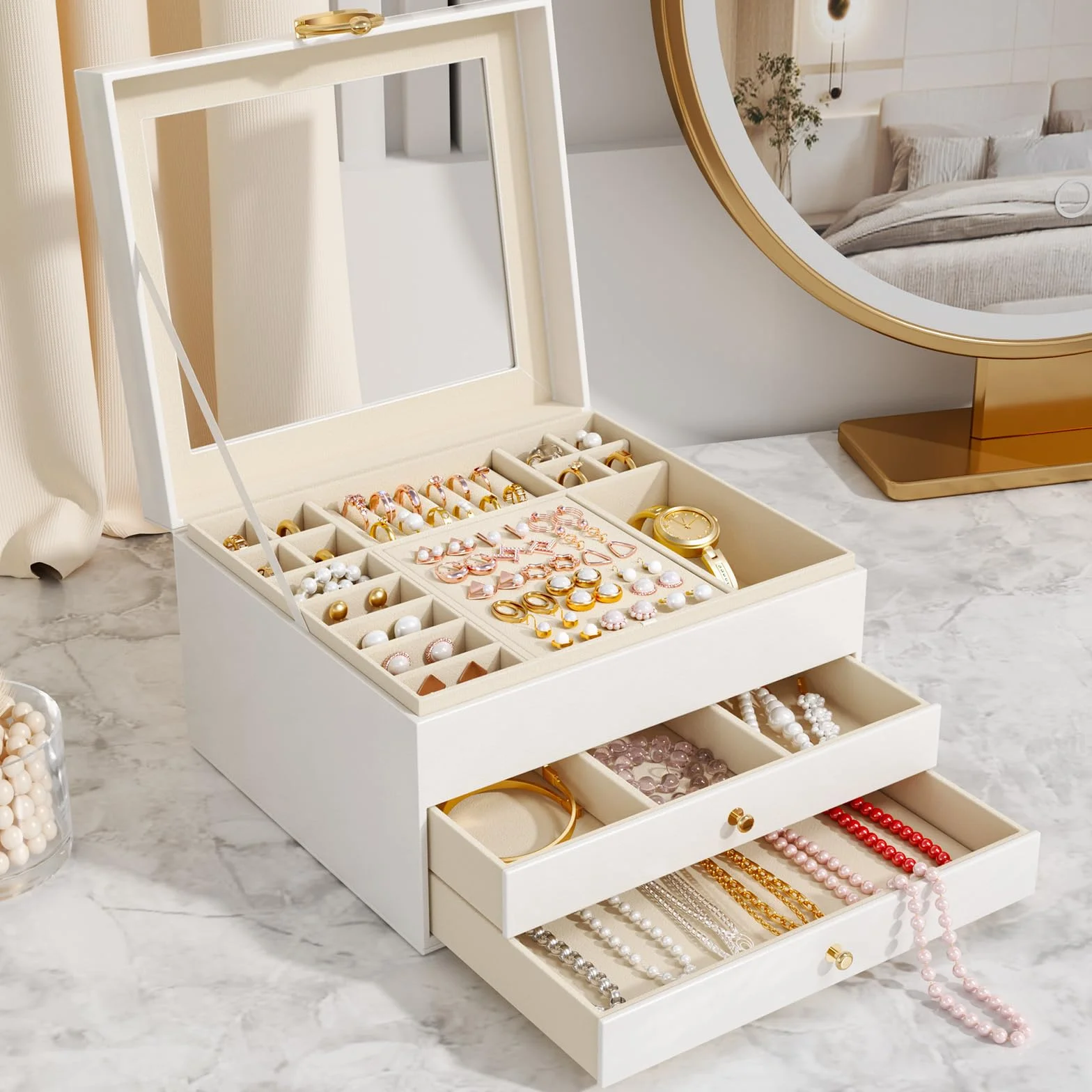 Grande Scatola Portagioie Donna 3 Livelli – Organizer Gioielli Elegante con 24 Scomparti – Custodia per Anelli, Collane e Bracciali con Coperchio Trasparente – Regalo Perfetto per Donna (Bianco)