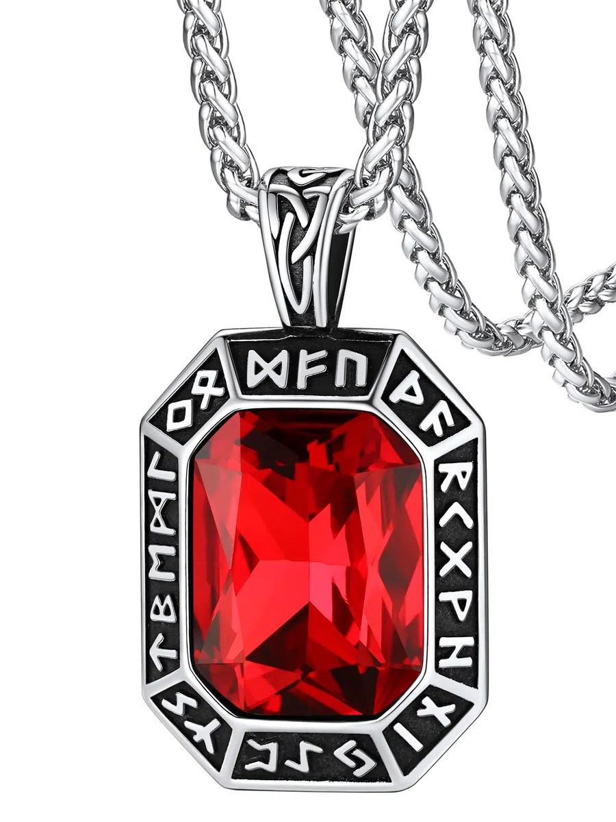 FaithHeart Collana Uomo Vichingo Pendentivo in Ottagono Cristallo Rosso Smeraldo Ossidiana con Rune Vichinghe Accessorio Moda Unico Perfetto per Regalo Stile Personale