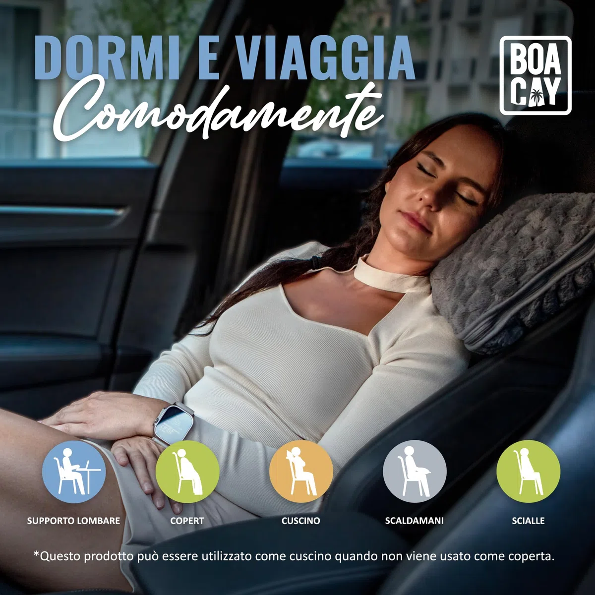 BOACAY Coperta da Viaggio Pieghevole per Aereo, Auto - Coperta da Ufficio Compatta - Cuscino Portatile per Adulti, Bambini con Custodia, Manica per Bagagli, Clip per Zaino