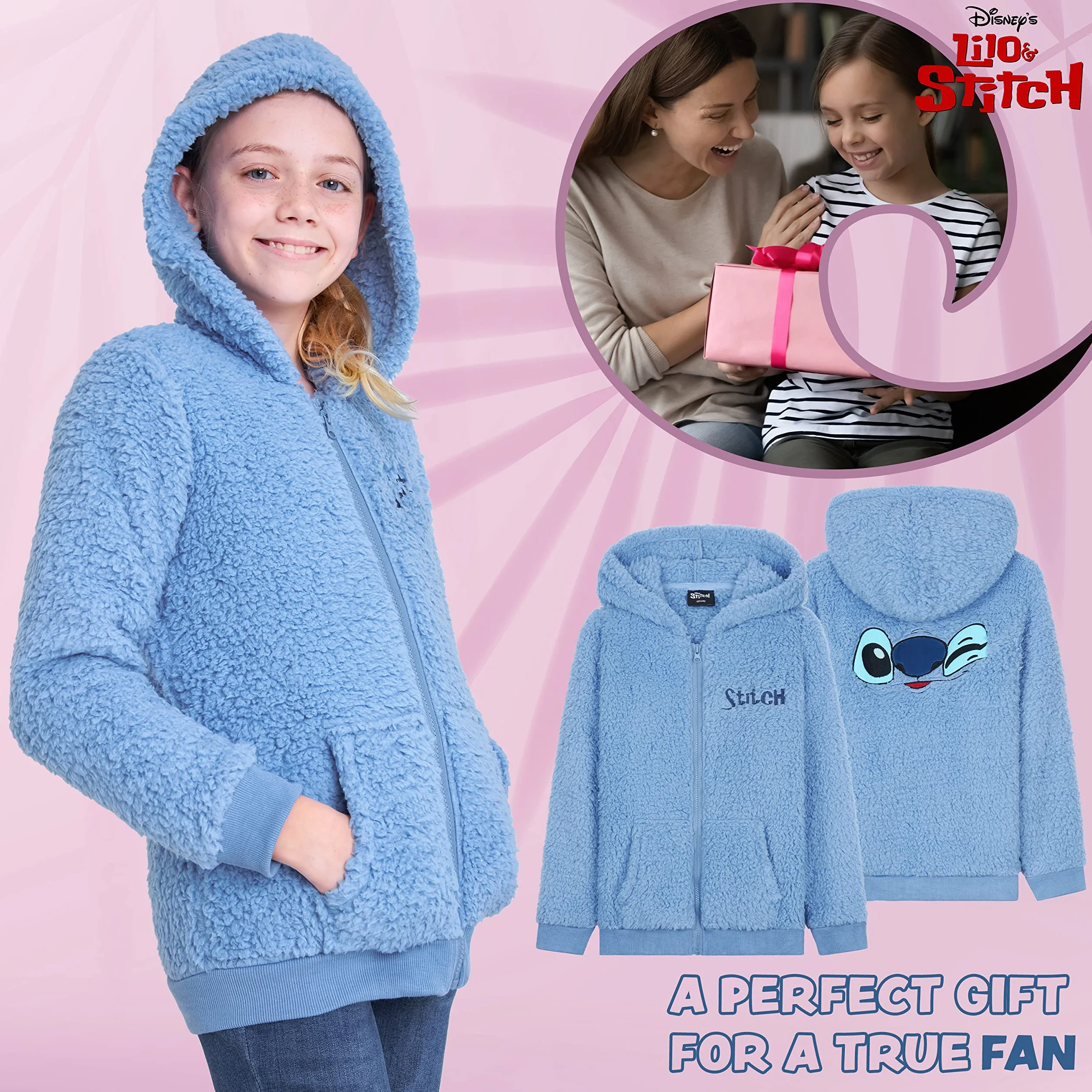 Disney Stitch Sherpa Hoodie for Girls, Zip Up Fleece Fluffy Hoodie for Kids Teens