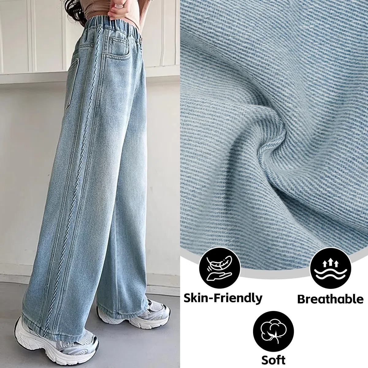 Jeans Ragazze Bambina Baggy Loose Fit Denim Pantaloni Gamba Larga Lunghi Jean con Vita Elastica Blu Casual Stretch Denim Pants con Tasche Moda Versatile Streetwear per Ragazza 7-15 Anni