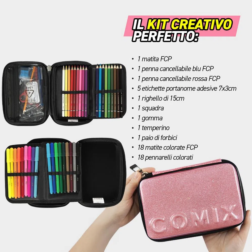 COMIX - Astuccio Scuola, Astuccio Maxi Zip per Bambini e Ragazzi, con Set Cancelleria Incluso, Cover Rigida con Maxi Logo in Rilievo e Tirazip in Metallo, 14,5 x 21h x 6,5 cm