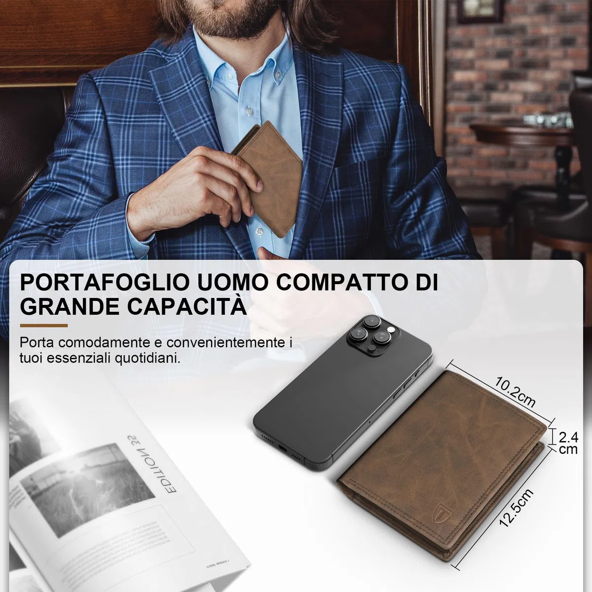 TEEHON Portafogli Uomo, RFID Pelle Portafoglio Uomo Slim con 12 Porta Carte di Credito Uomo, 1 ID Window & Foto Window, 1 Tasca Portamonete, 2 Scomparti per Banconote, Confezione Regalo - Marrone