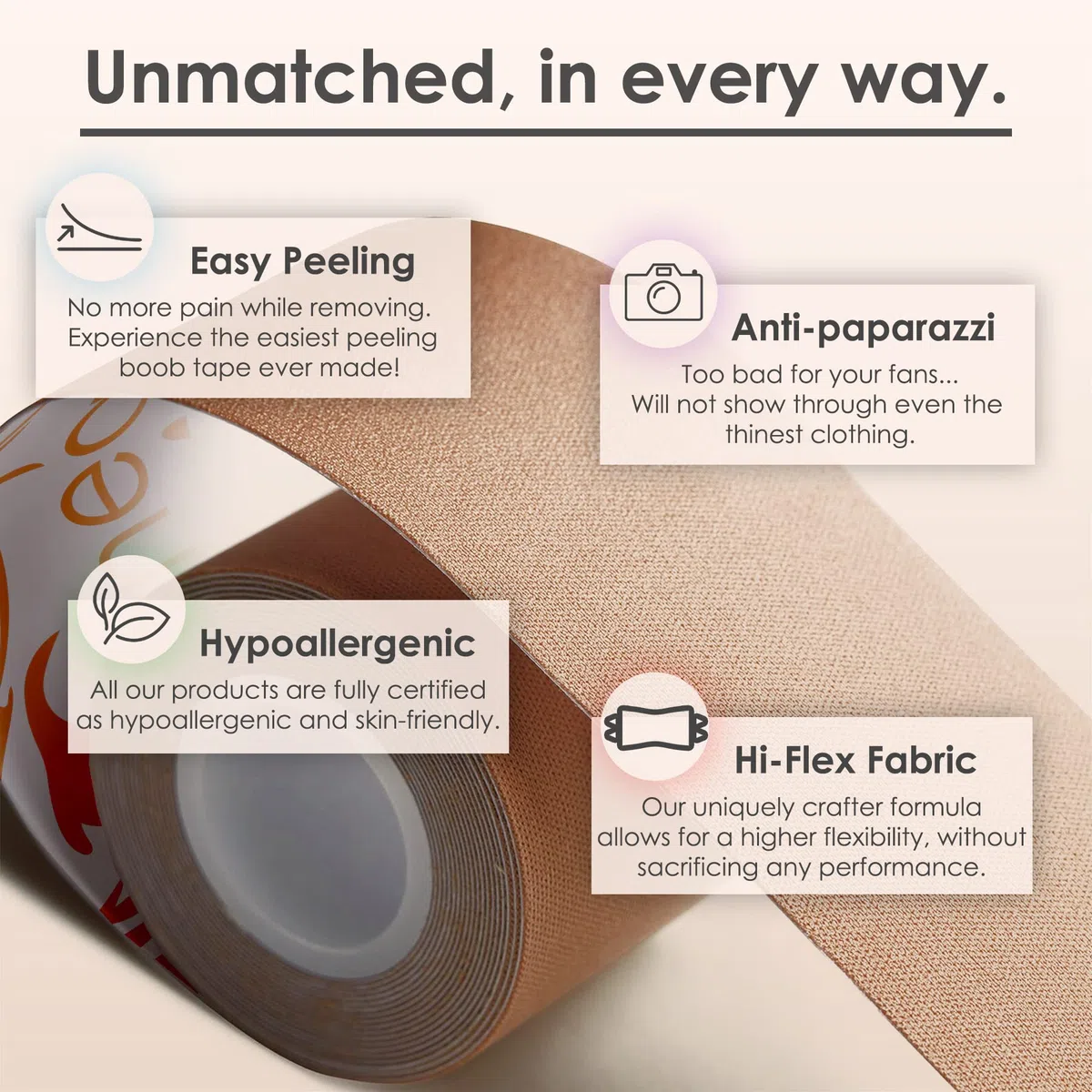 NEATS Boobytape ipoallergenico per sollevamento del seno, senza cuciture, senza spalline, per petto, corpo, vestito, top, nastro di sollevamento per donne con copertura per capezzoli e nastri alla