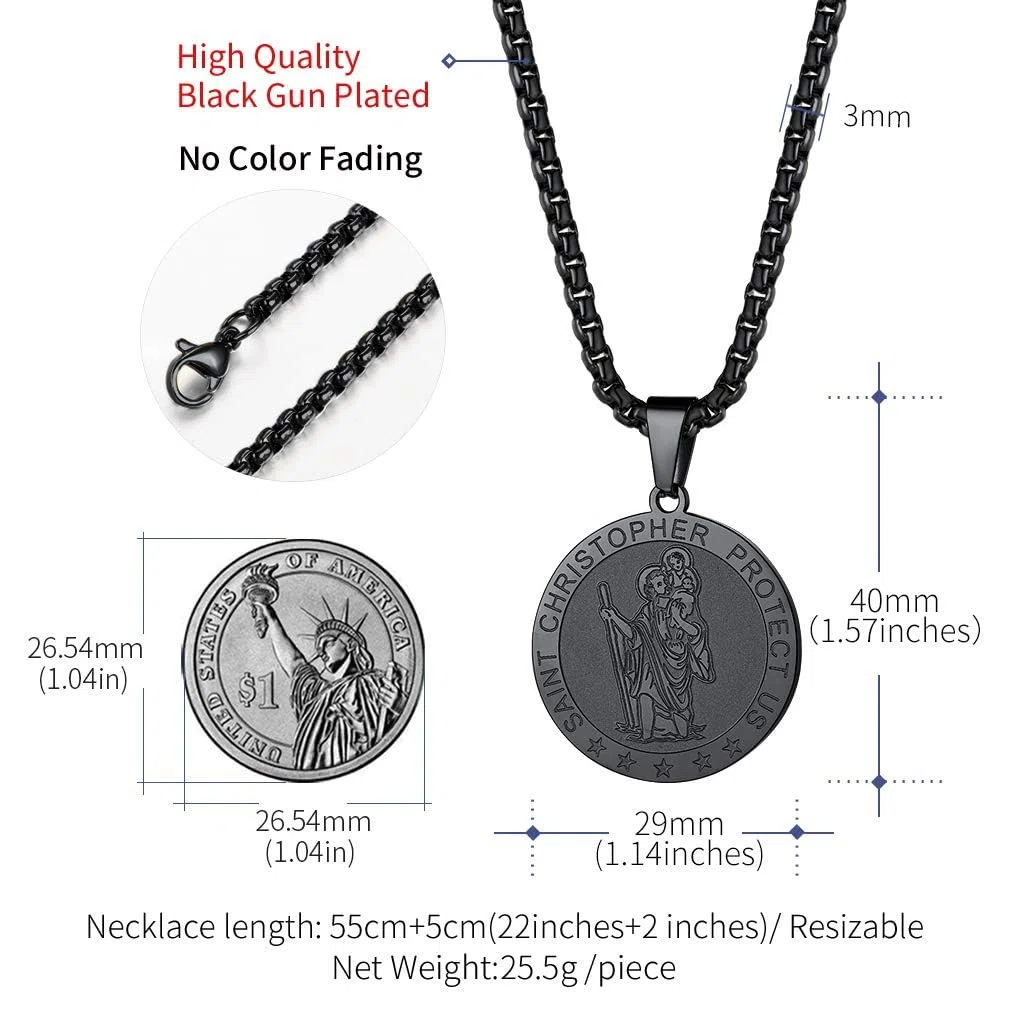 FaithHeart Collana Religiosa Santo San Cristoforo Collana Uomo 3D Rilievo Rotondo Ovale Amuleto Talismano in 316L Acciaio Impermeabile Antiruggine 55+5 CM Catena Impresa