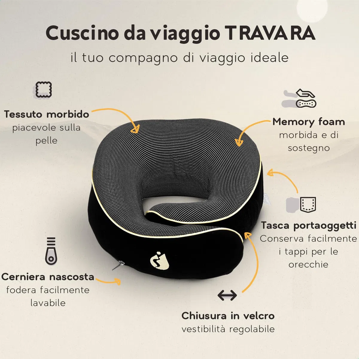 Cuscino da Viaggio – Cuscino Cervicale Ergonomico in Memory Foam – Cuscino Aereo Compatto e Confortevole – Cuscino Collo da Viaggio per Aereo, Treno e Auto
