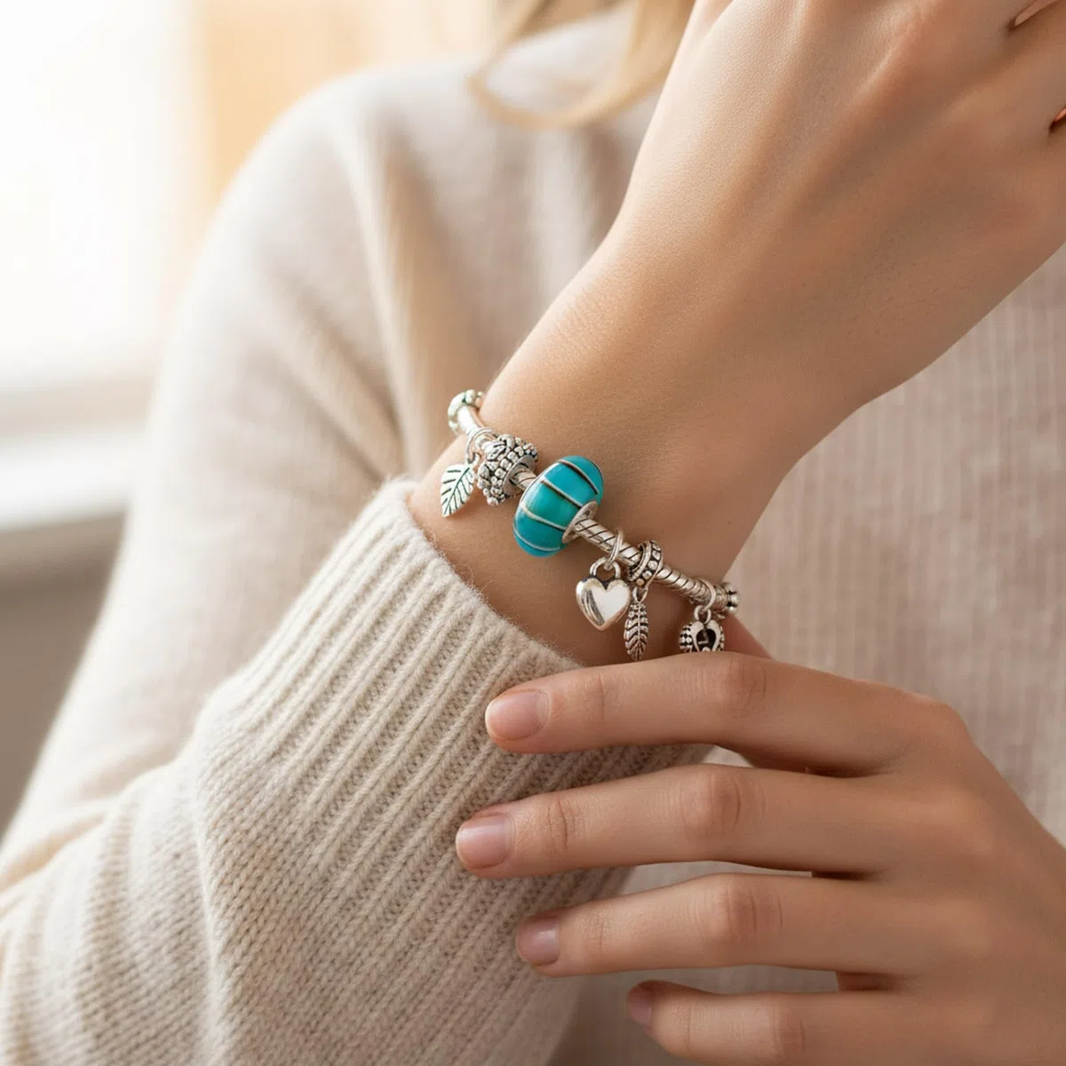 Distanziale Con Ciondolo In Giada Verde Solida E Turchese Blu Perline Per Donne E Adolescenti In Argento Sterling .925 Adatto Per Braccialetto Europeo