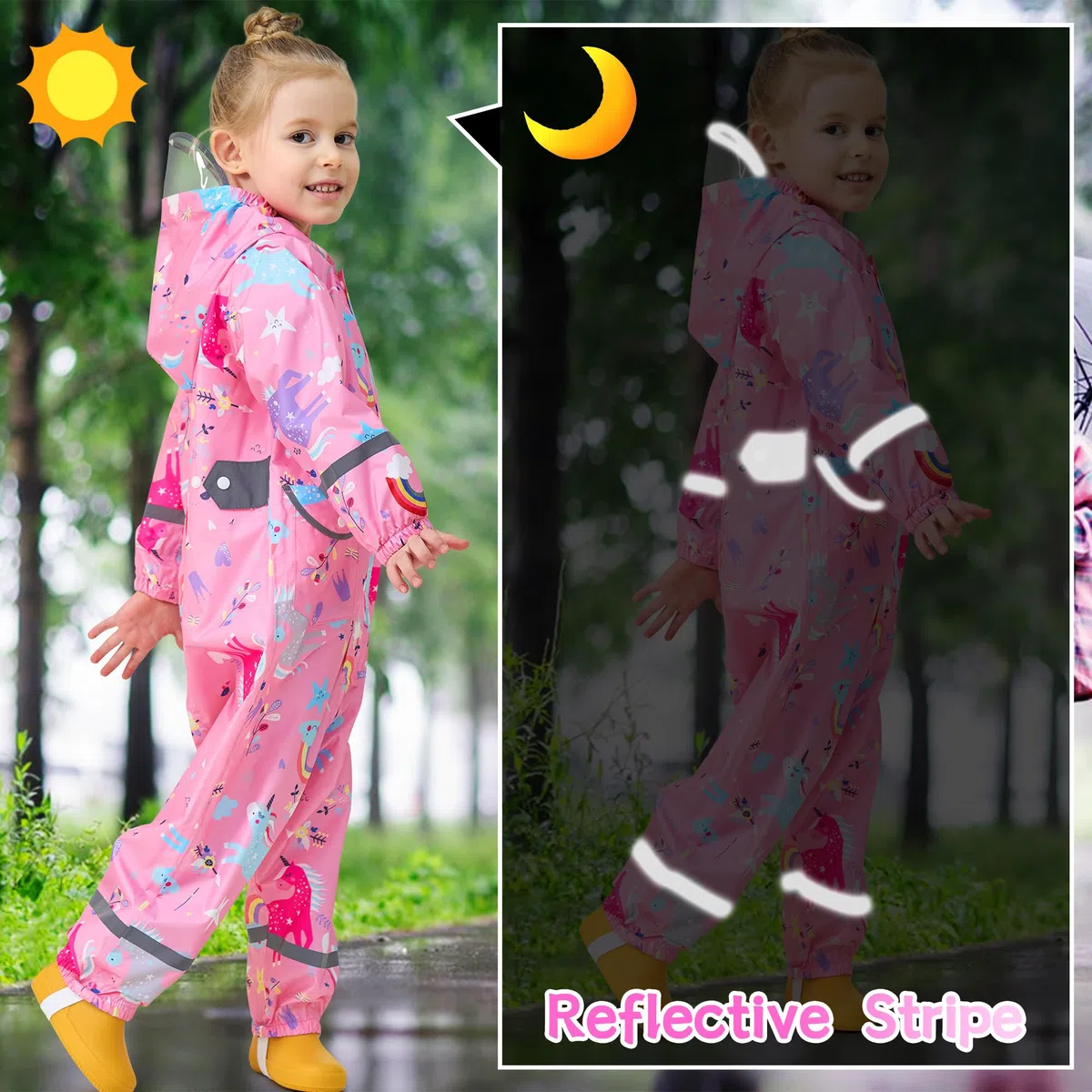 Impermeabile Pioggia Bambini Tutto in Uno Tuta con Cappuccio Unicorno Dinosauro Bambino Antipioggia Giacca Tuta Portatile l'asilo Sportivo Jogging Unisex Pozzanghere Impermeabili 1-9 Anni