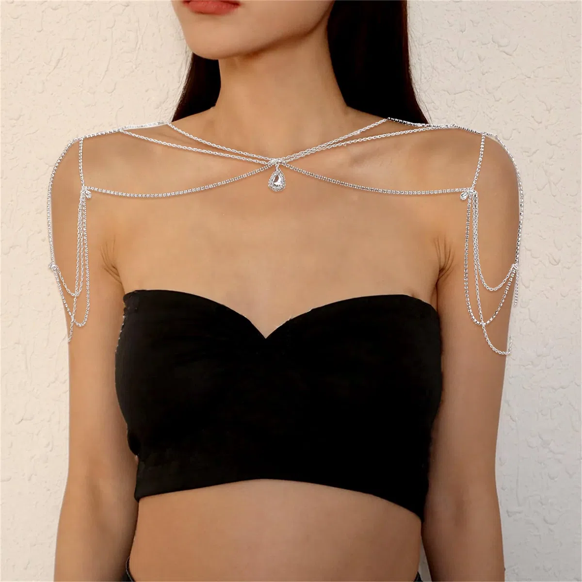 NICENEEDED Catena per Il Corpo con Spalla Strass, Catena Posteriore Multistrato con Pendente A Goccia d'Acqua, Catena da Braccio in Cristallo con Catena per Sfondo Nuziale