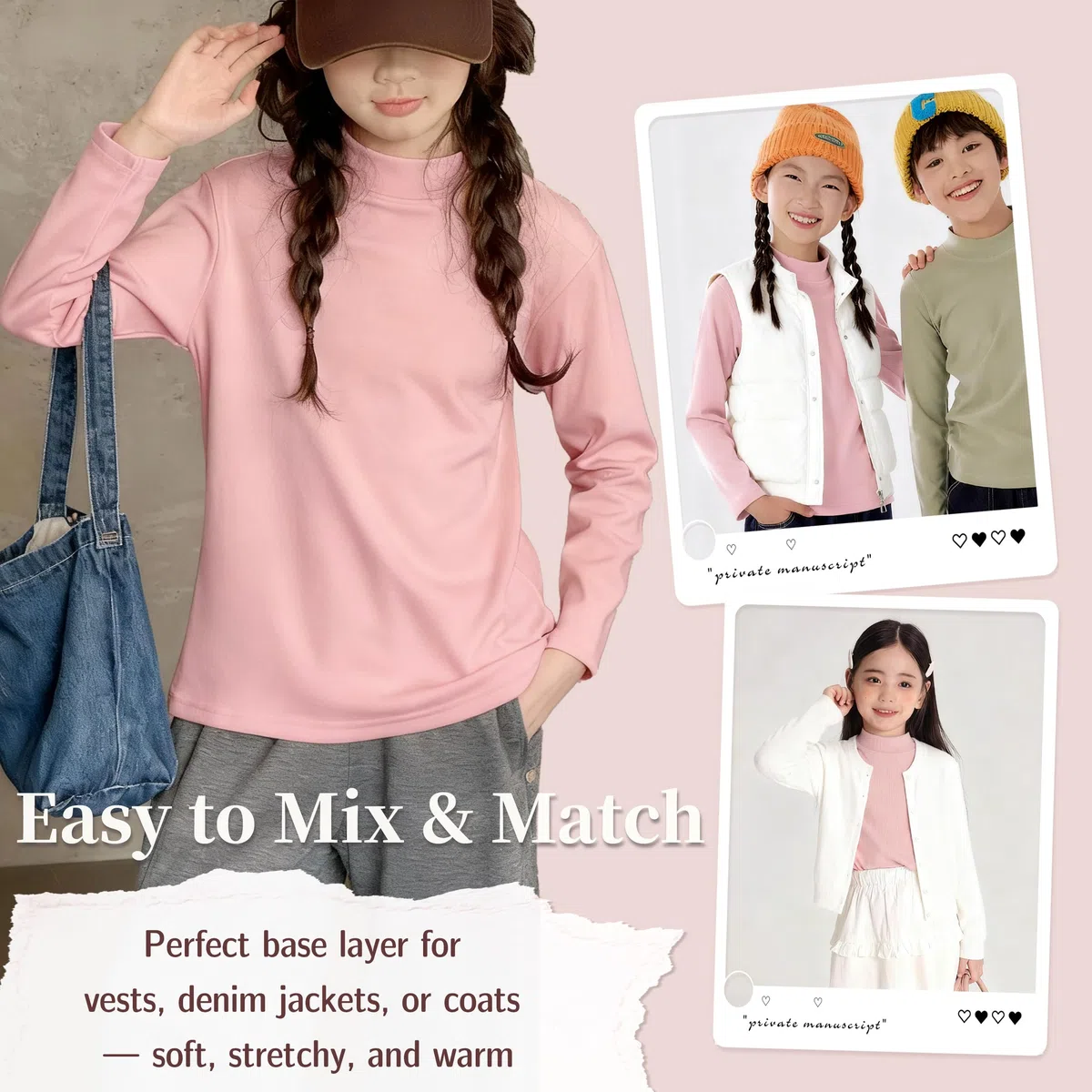 Rolanko Maglietta a Maniche Lunghe per Ragazze, Termiche Basiche Maglie in Pile Canottiera a Collo Alto per Bambini 2 Confezioni