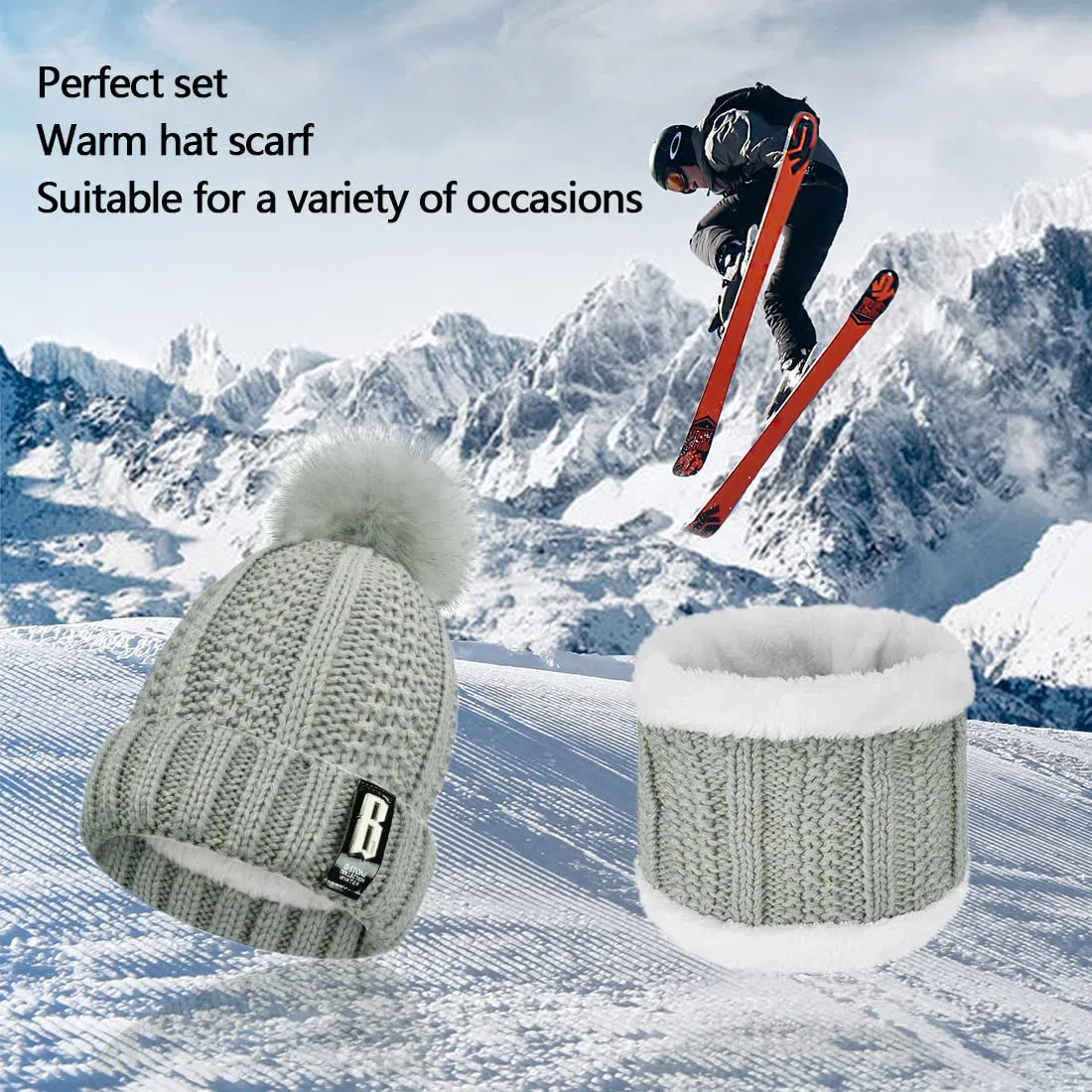 UMIPUBO Donna Cappello Sciarpa e Guanti Touch Screen Set Invernali Berretto Scaldaorecchie in Peluche di Calze Cappello a Cuffia in Maglia 5 Pezzi per Donna Sport all'aperto Sci