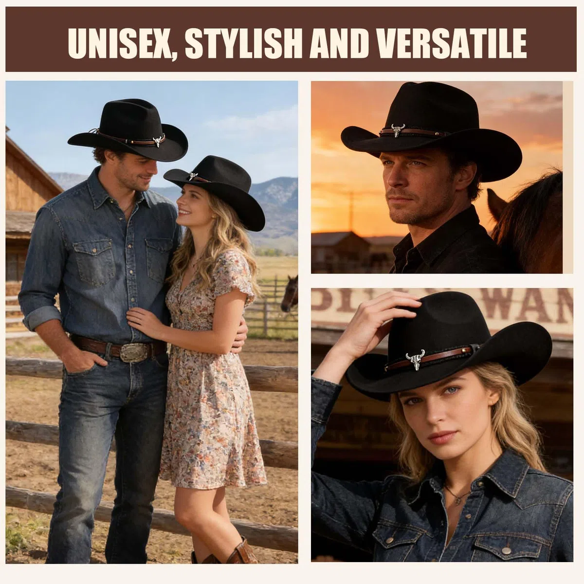 Aegistus Cappello da Cowboy Unisex, Cappello da Cowboy Western Classico in Feltro a Tesa Larga di Panama con Cinturino, Nero, Taglia Unica per Uomini e Donne