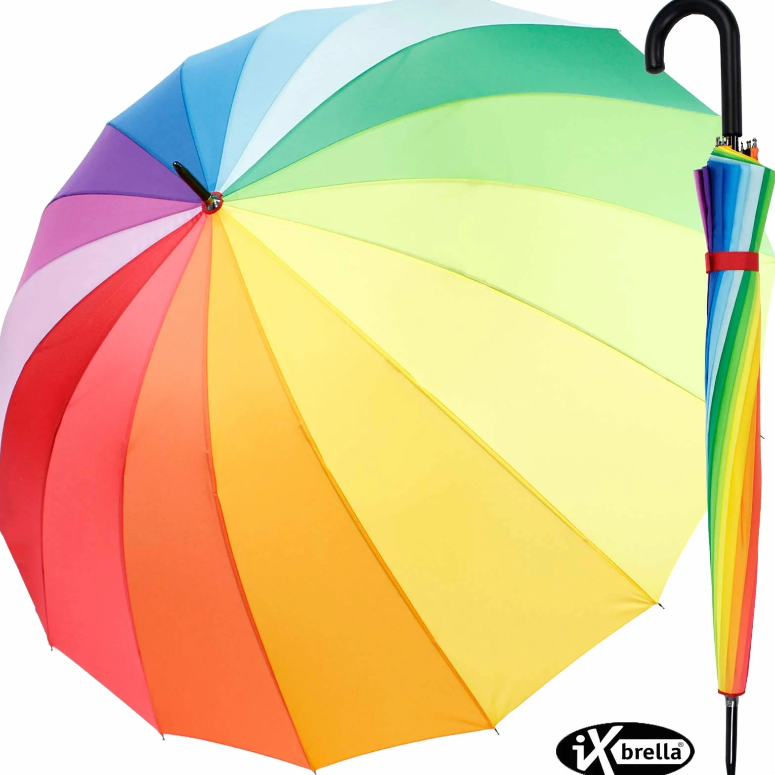iX-brella Ombrello lungo, di alta qualità, 16 pezzi, con sistema automatico resistente alle tempeste, arcobaleno, 101 cm