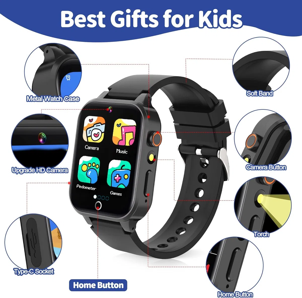 Smartwatch per Bambini - 26 Giochi, Contapassi, Calorico, Fotocamera, Musicale, Torcia, Sveglia, Giocattoli Educativi, Regalo di Compleanno [Scheda SD integrata]