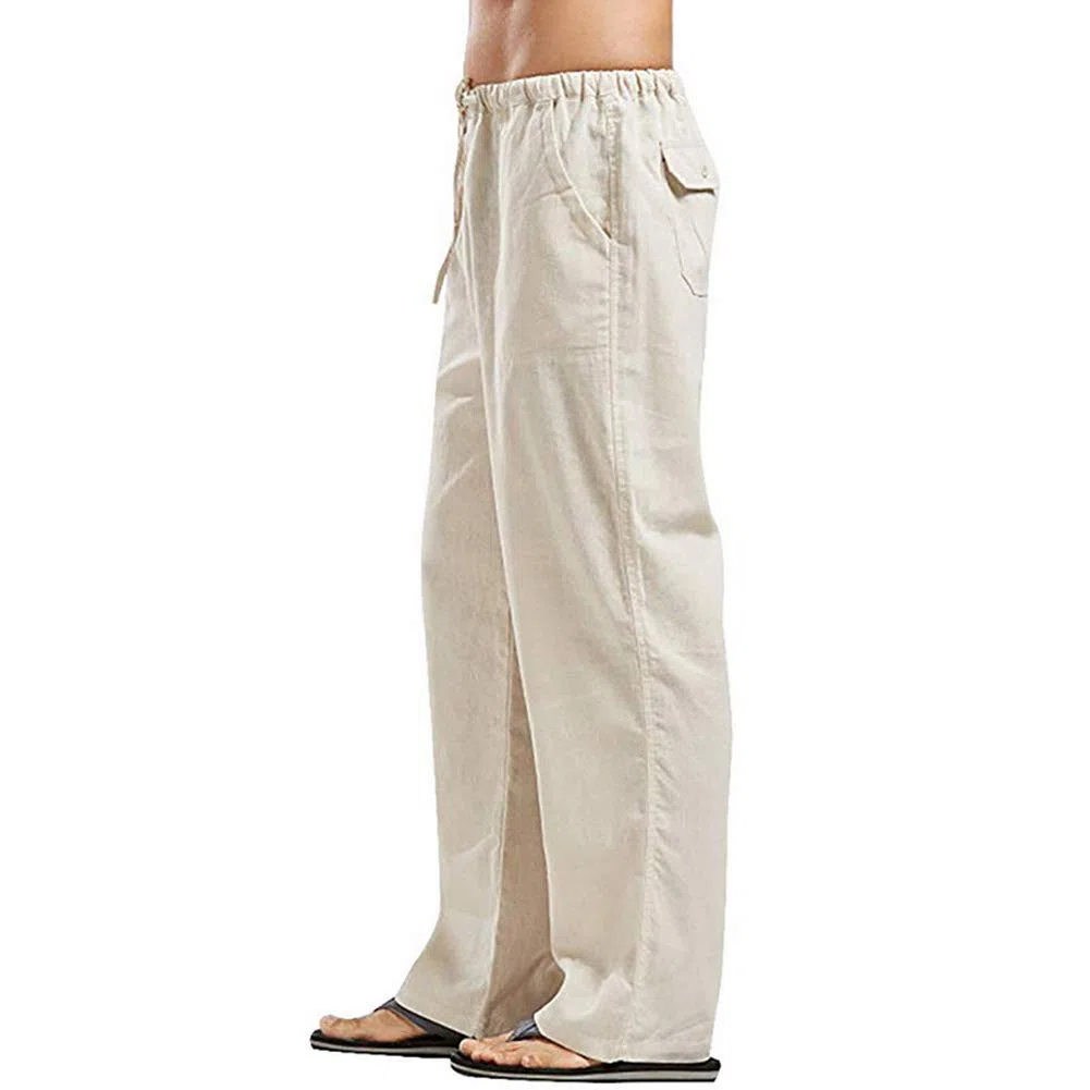 Vanvene - Pantaloni da uomo in lino, vestibilità ampia, casual, leggeri, con coulisse, da spiaggia e da yoga