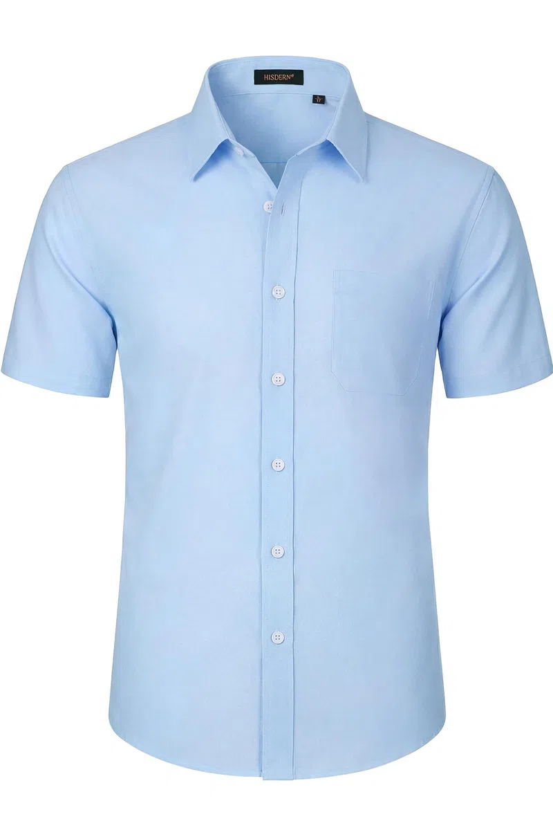 HISDERN Camicia Uomo Manica Corta Elasticizzata Non Stiro Regular Fit Elegante Estiva Business Casual da Lavoro con Taschino