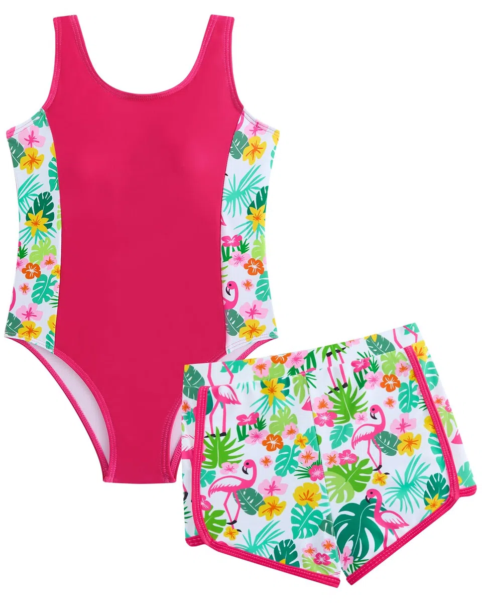 WYTbaby Costume da bagno intero da bambina, senza maniche, con pantaloncini, stampa tropicale, costume da bagno per ragazze 7-14 anni