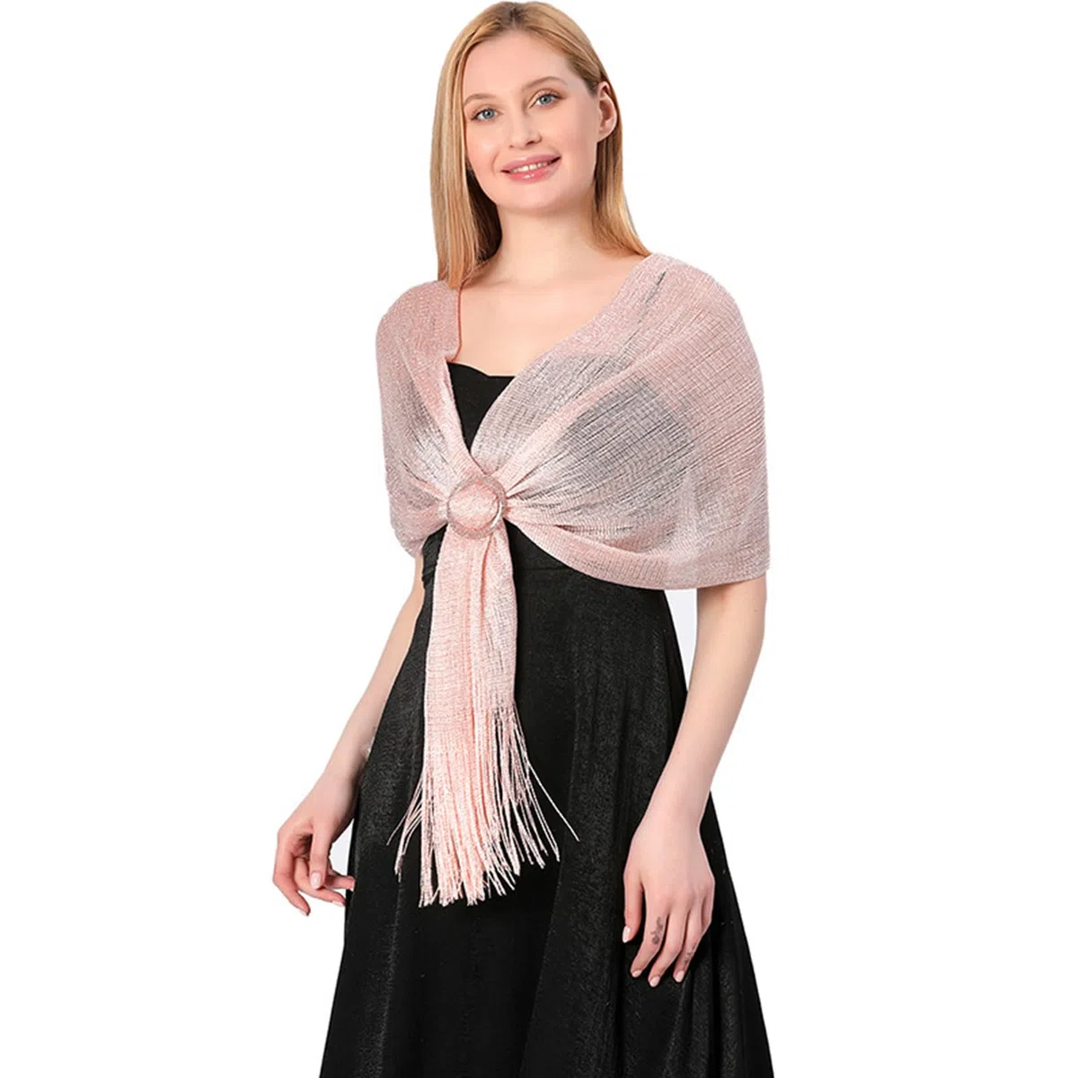 LumiSyne Donna Scialle Stola Metallici Scintillanti Con Fibbia Ad Anello Tinta Unita Glitter Nappe a Frange Foulard Lunga Leggero Stola Elegante Per Abito Da Sera Sposa Matrimonio Cerimonia Festa