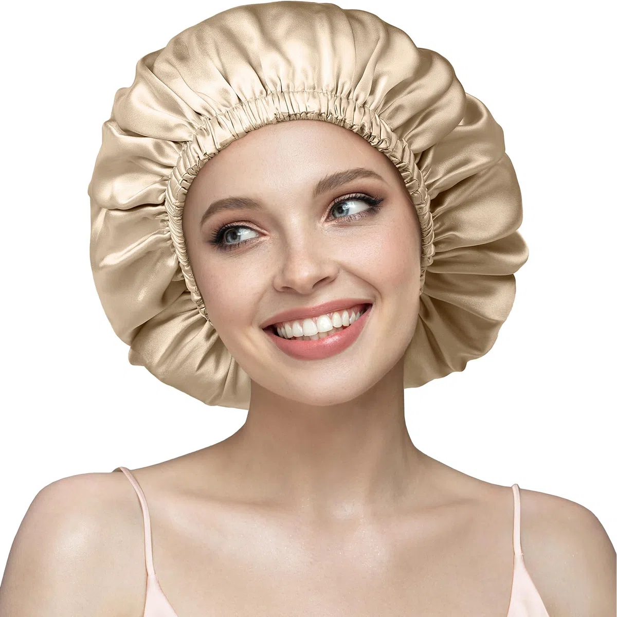 Umisleep 22 Momme - Cappello per Dormire in Seta di gelso, Doppio Strato per Capelli Ricci, Traspirante e Regolabile con Fascia Elastica, Colore Champagne, 53-63
