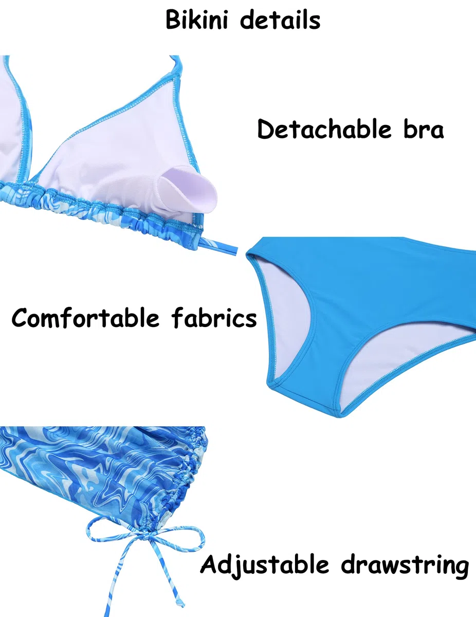 Arshiner Bikini da bambina, 3 pezzi, con allacciatura al collo, costume da bagno con gonna estiva, stampa floreale, per bambine 7-15 anni