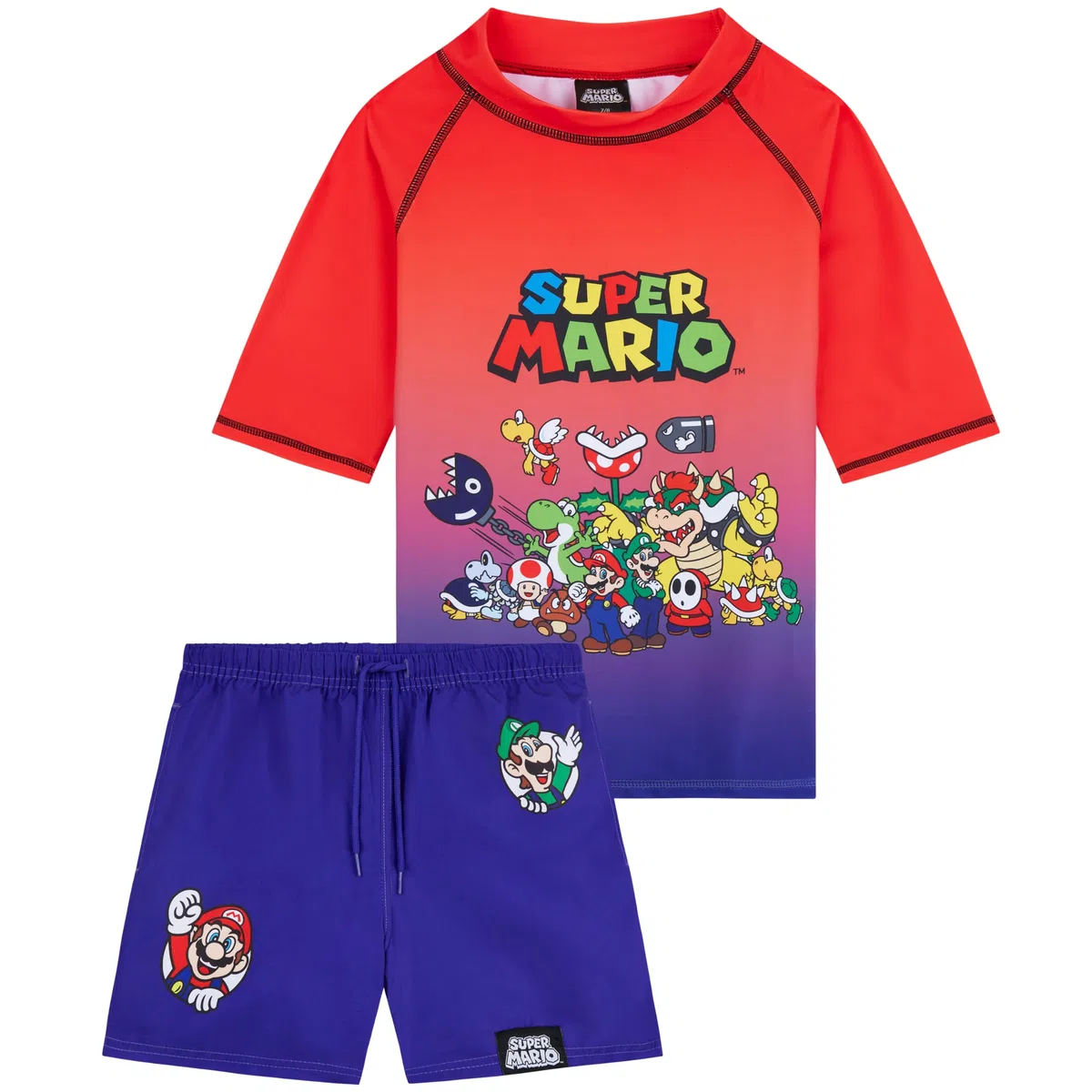 Get Trend Super Mario - Costume da bagno per ragazzi, 2 pezzi, a maniche corte, rash guard e costume da bagno, UPF 50+, accessori per piscina e spiaggia
