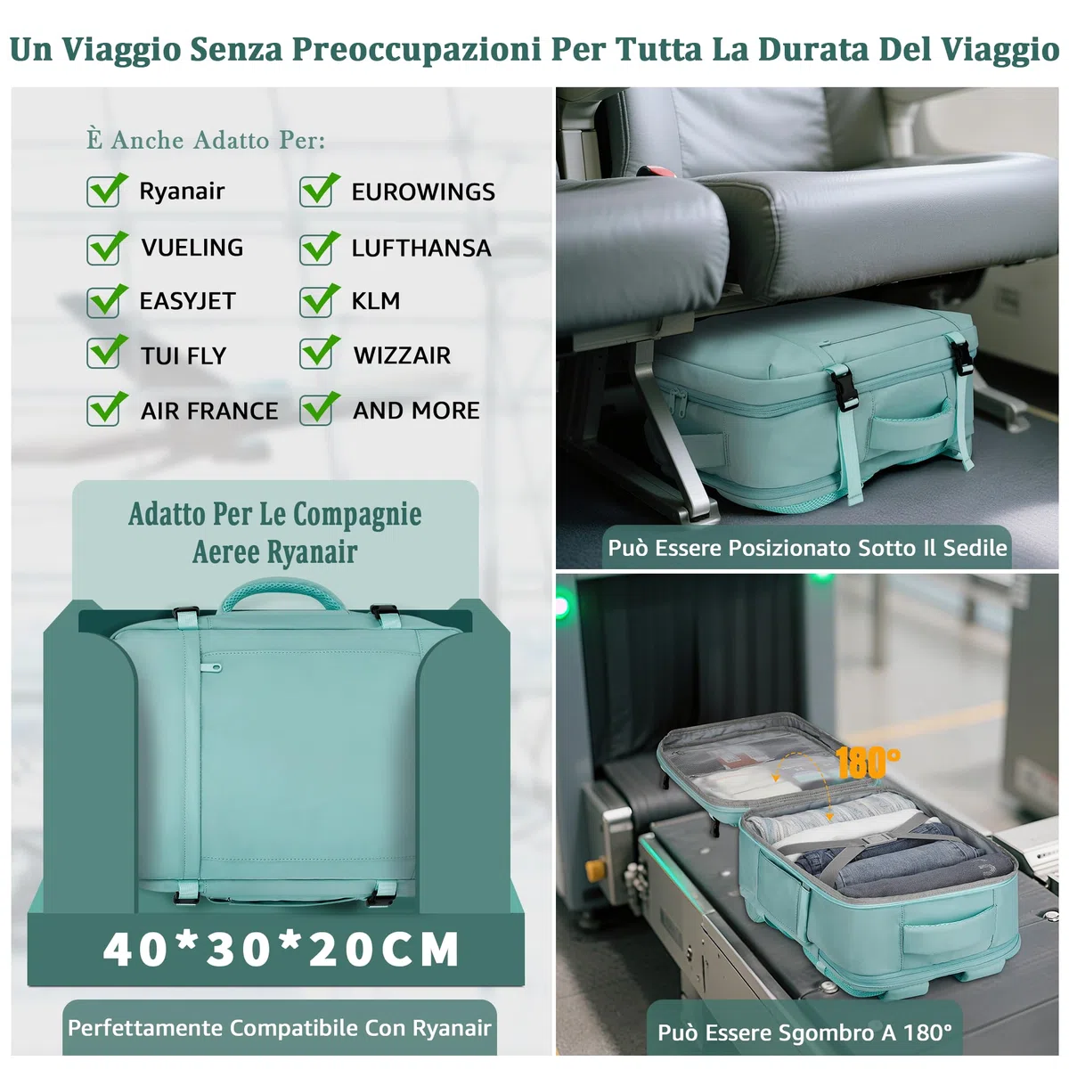 VSNOON Zaino per Ryanair 40x30x20 Zaino da Viaggio Aereo Bagaglio a Mano Borsa da Cabina Borse Valigia Zaini Casual Unisex per Wizz Air EasyJet Laptop Daypack, Verde