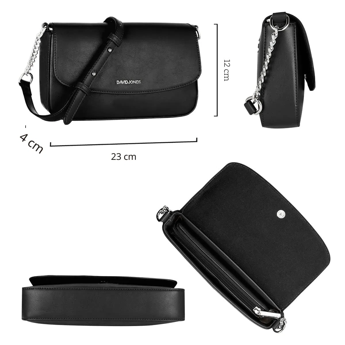 David Jones - Piccola Borsa a Tracolla Donna - Borsetta Spalla Catena PU Pelle - Pochette Clutch Crossbody Bag - Sacchetto Borsello Sera Telefono - Portafoglio Borsa a Mano - Nero