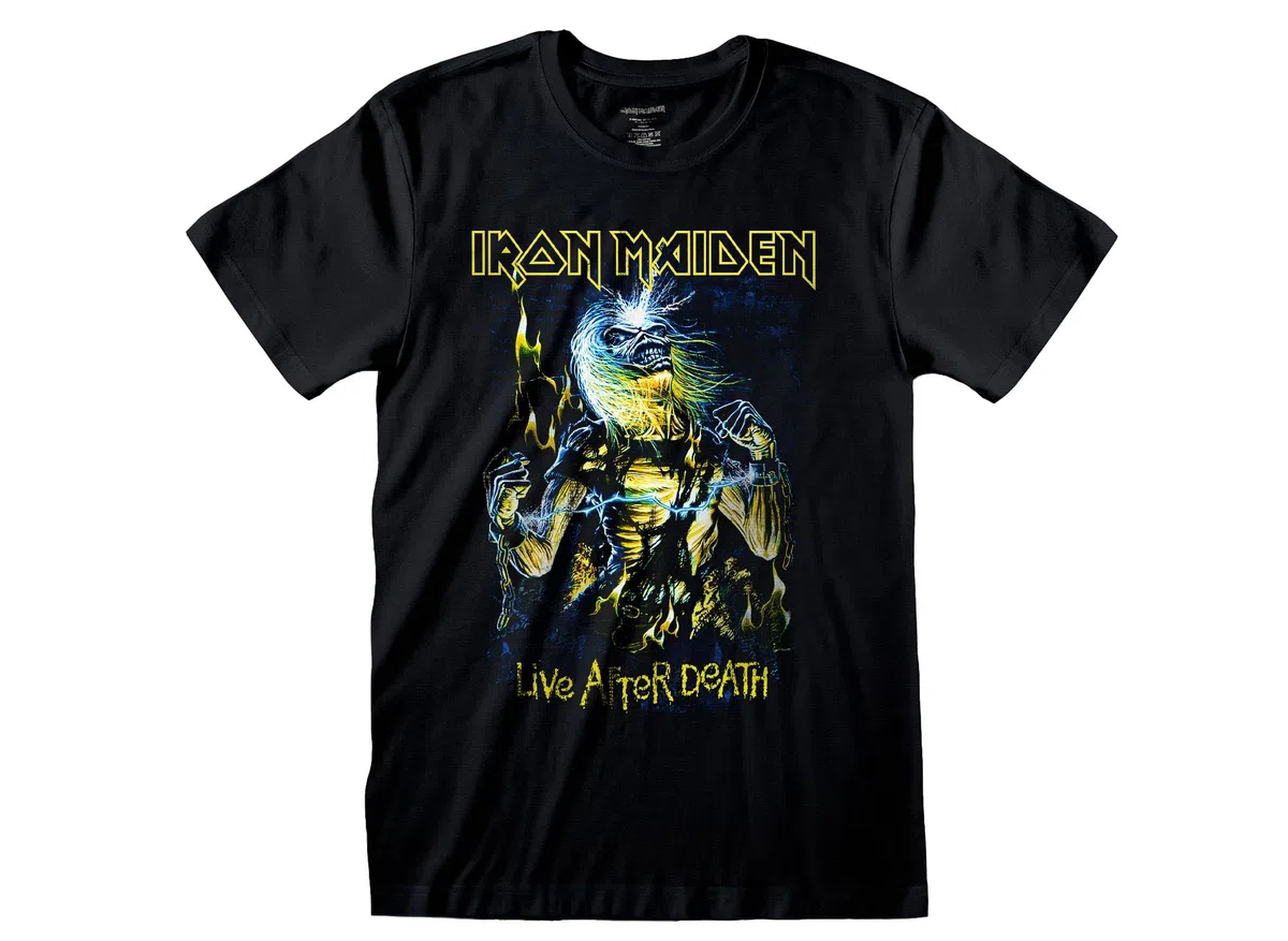 T-Shirt Iron Maiden Live After Death. Maglietta Rock Ufficiale Nera. Band Heavy Metal. Cotone. Unisex. Adulto Ragazzo.
