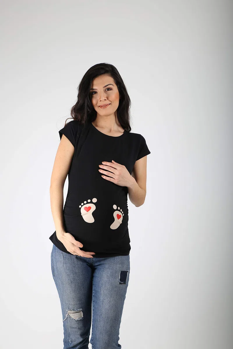 M.M.C. Impronta Bambino - Simpatica graziosa T-Shirt Premaman Manica Corta per la Gravidanza