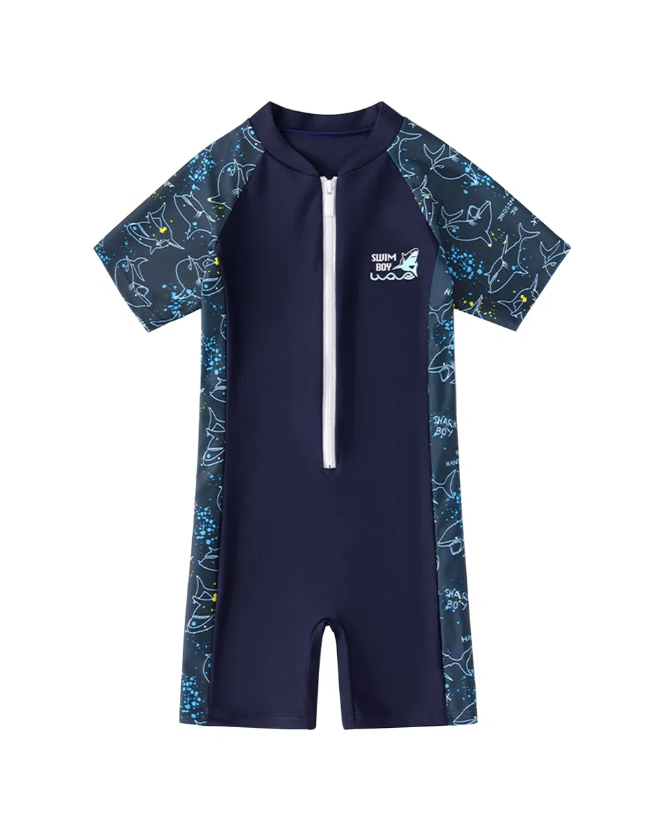 Costume Mare Bambino, Maglia Anti UV, Costume da Bagno Intero (IT, Età 8-9 Anni, Regular, Blu Navy, Squalo)