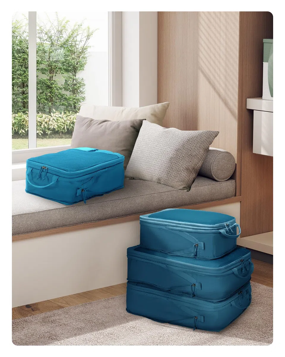 ECOHUB Compressione Organizer da Viaggio, 4 Pezzi Borsa Organizzatori per Valigie con Etichetta, Packing Cube per Borse da Viaggio Riciclate per Zaino, Verde acqua