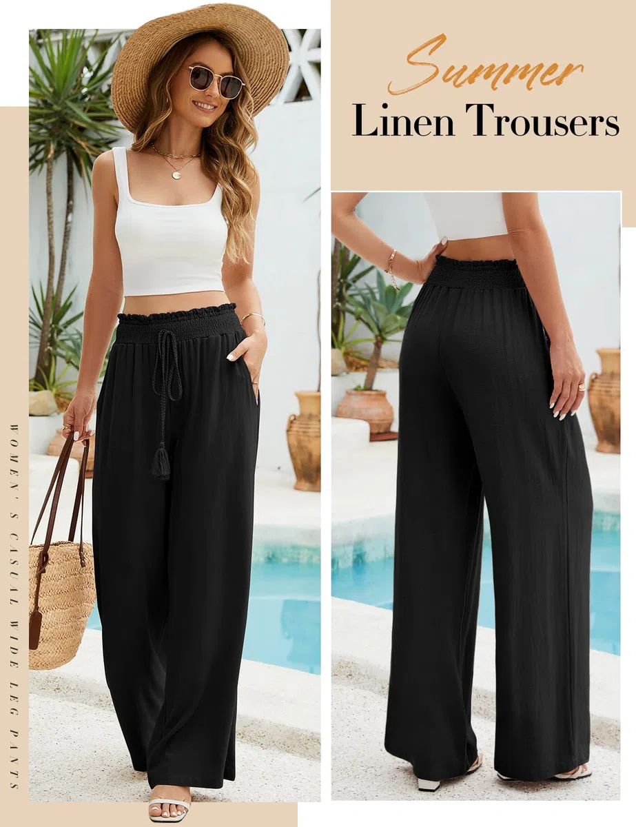 Pantaloni Donna Estivi Cotone e Lino Pantalone Elastico a Vita Alta Eleganti Pantaloni Comodi Loose Lounge Pantaloni da Spiaggia con Tasche