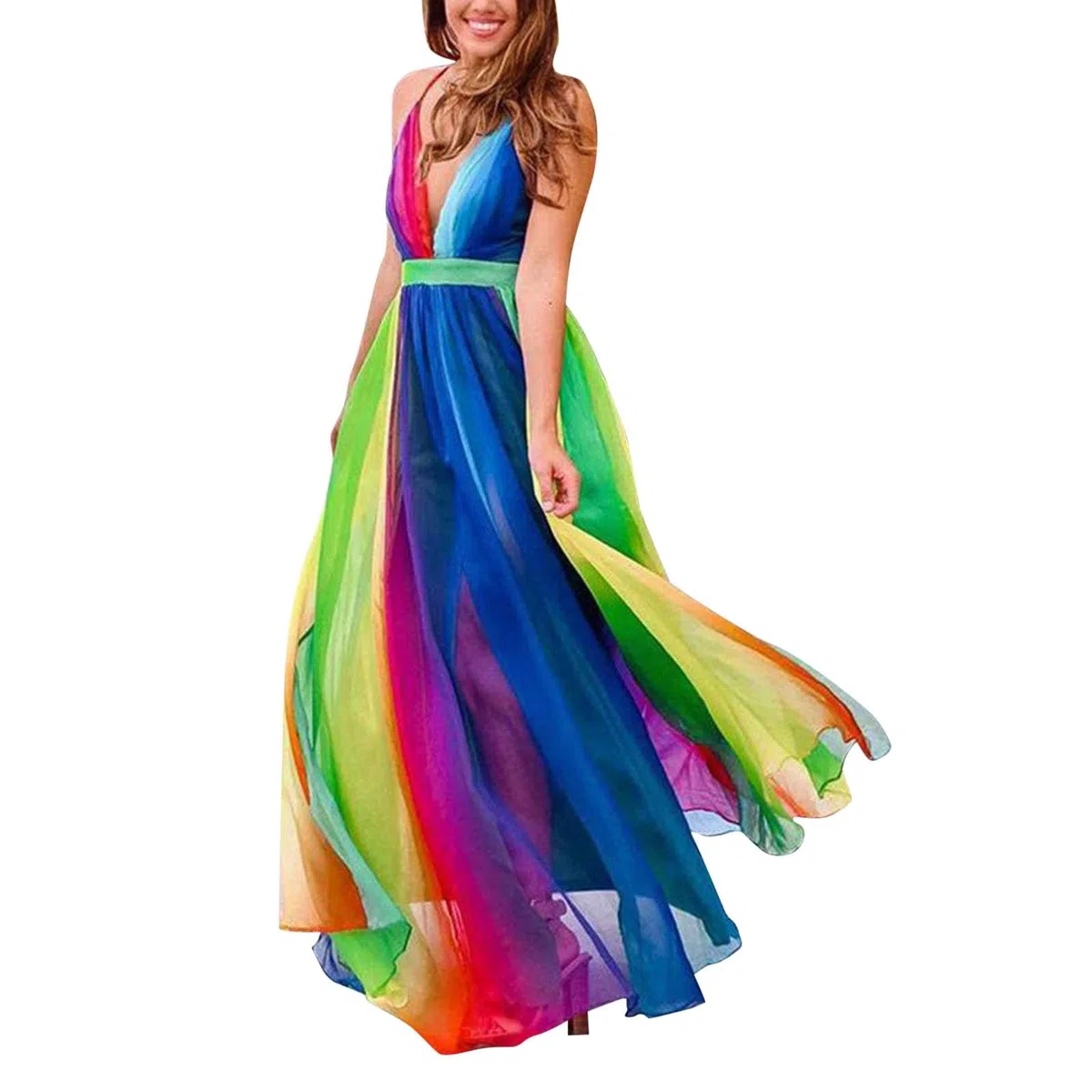 Abito Elegante Donna Cerimonia, LGBT-Q Gay Pride Mese Boho Maxi Rainbow con Scollo a V con Tasche Gonna Pride Decorazioni da Sposa, Abbigliamento Primavera, Vestiti Sexy, Curvy