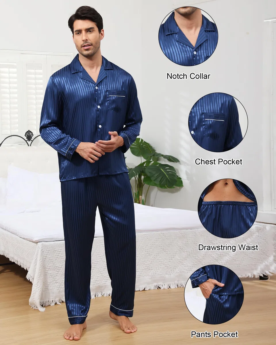 Pigiama da Uomo in Raso di Seta, Due Pezzi Set Completo con Camicia a Maniche Lunghe Bottoni e Pantaloni Eleganti con Tasche Abbigliamento Casa di Lusso