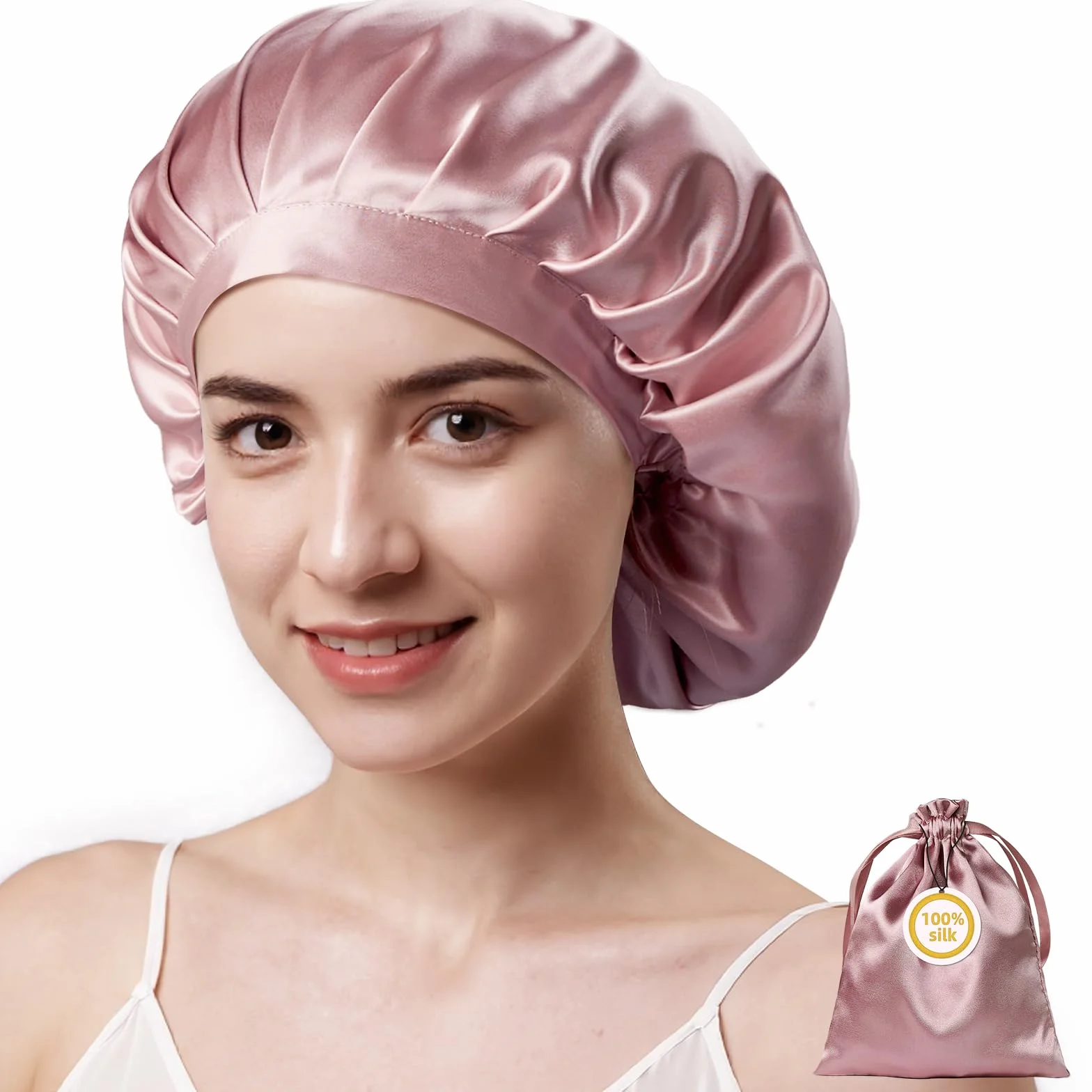 Kaome Berretto da Notte in Seta 22 Momme 100% Seta di Gelso, Berretto per Capelli Regolabile Doppia Faccia, per Capelli Ricci e Lunghi, Morbido e Antiscivolo, Traspirante con Sacchetto