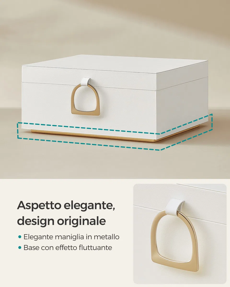 SONGMICS Scatola Portagioie a 2 Livelli, Porta Gioielli con Maniglia, Vassoio Rimovibile, Effetto Fluttuante, 20,5 x 24 x 11 cm, Idea Regalo, Bianco JBC165W01